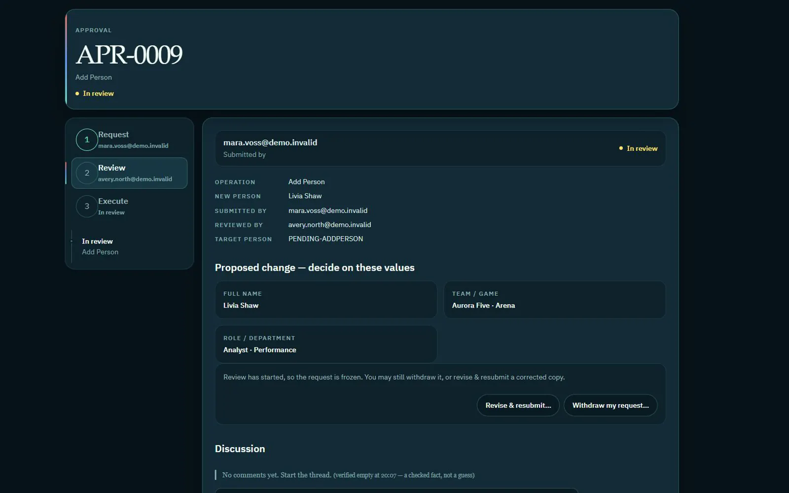 C3 approval detail showing fictional submitted intent, review state and execution history.