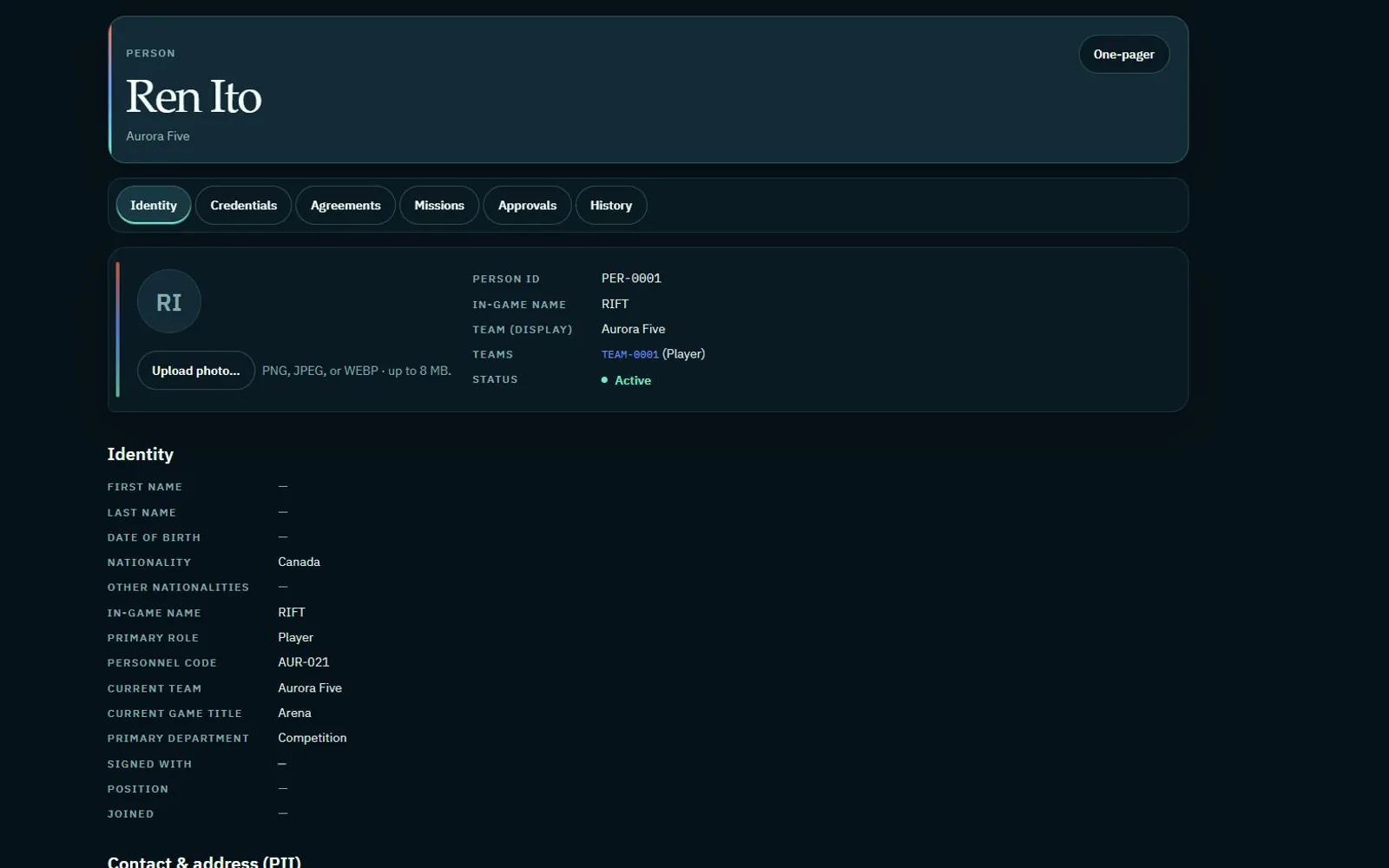 C3 person record connecting fictional identity, credentials, journeys, agreements and mission history.